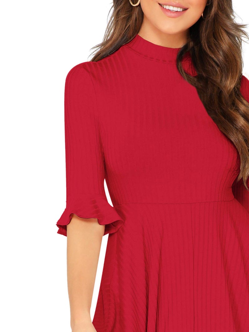 Verdusa Women's Ruffle Half Sleeve A Line Fall Dresses Elegant Fit and Flare Midi Dress Red Solid Small - Image 4